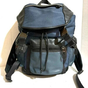 Coach unisex navy blue black leather nylon backpack